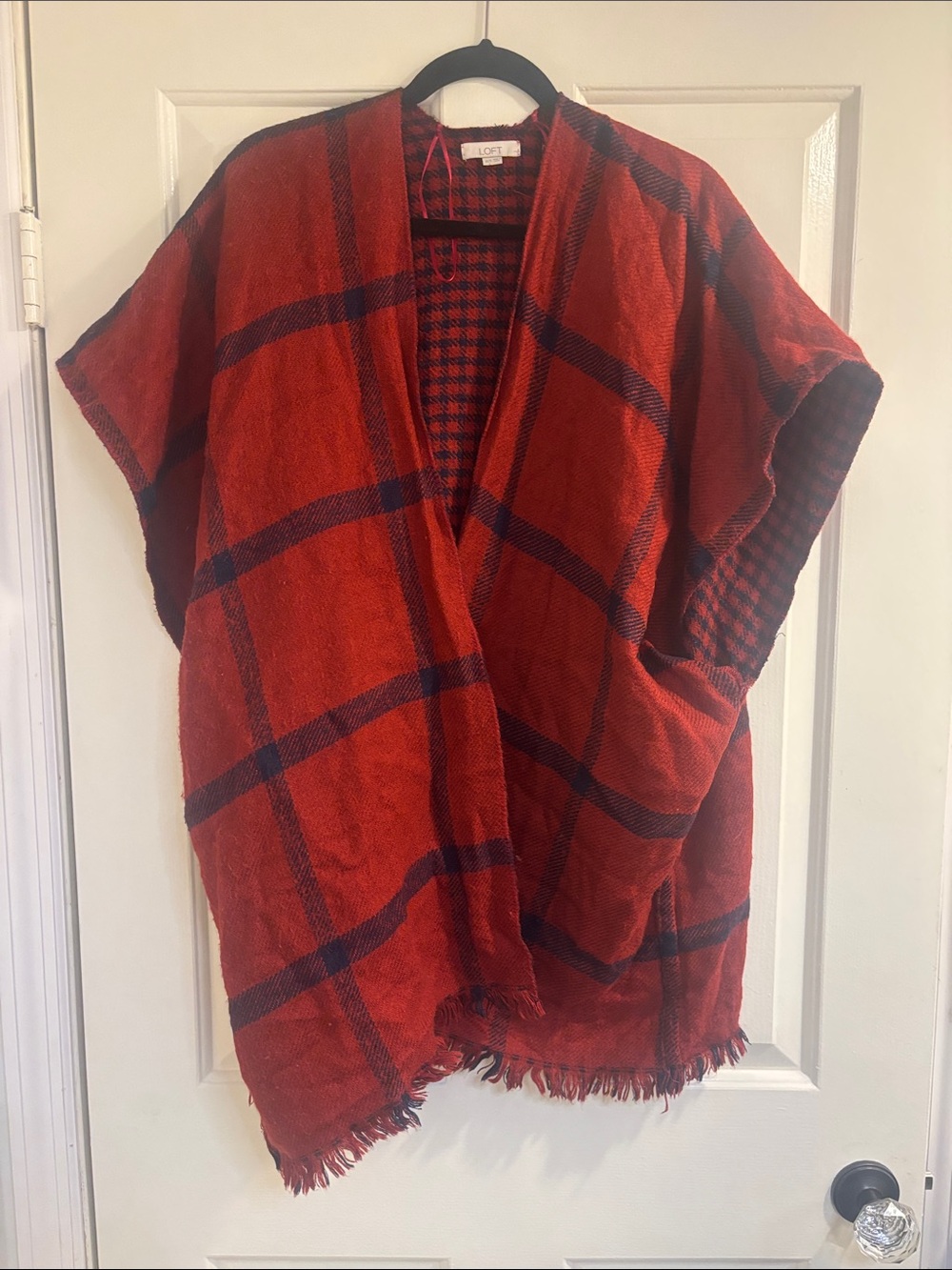 LOFT Red and Black Plaid Shawl Cardigan. Reversable print